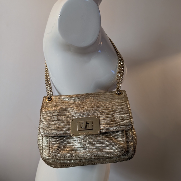 Michael Kors Metallic Gold Lizard Embossed Leather Turnlock Crossbody Bag Used - Picture 1 of 12